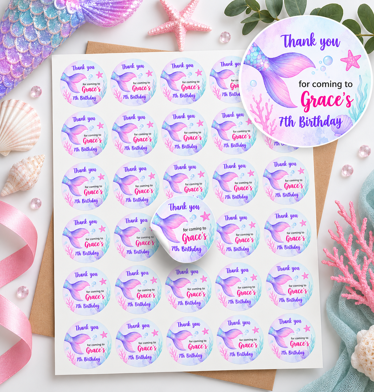 Personalised mermaid thank you birthday stickers on an A4 sheet with 20 stickers