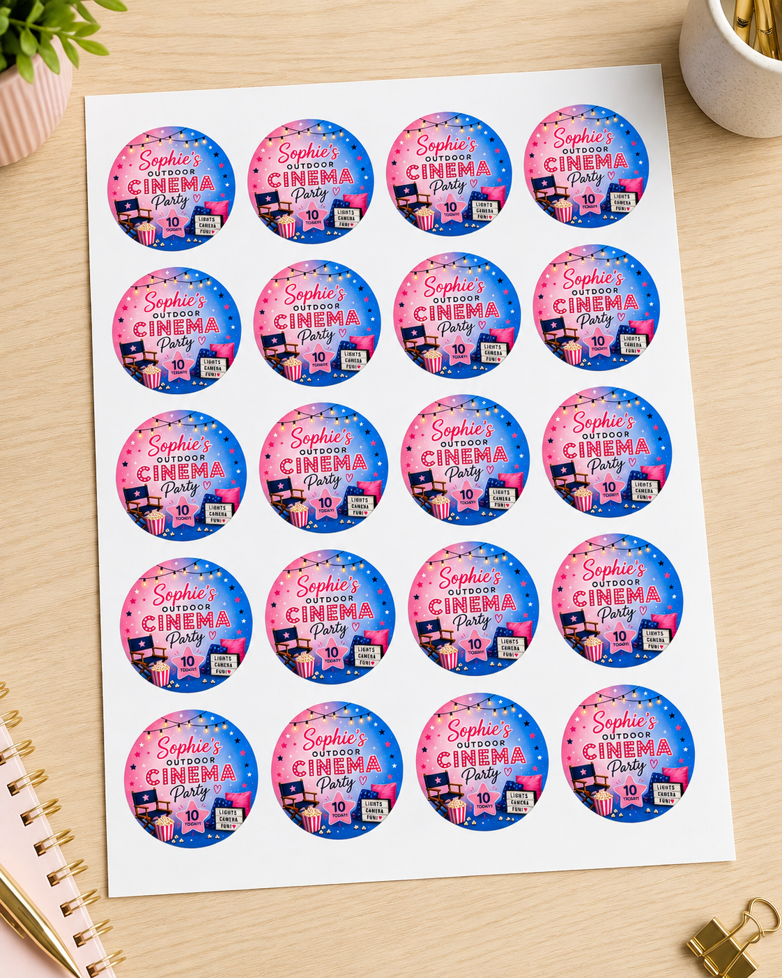 A4 sheet showing 20 personalised Outdoor Cinema birthday stickers