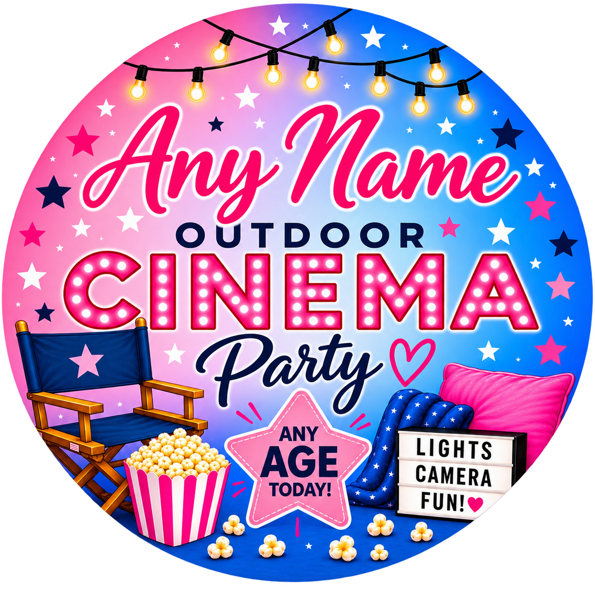 Personalised Outdoor Cinema Birthday sticker showing Any Name and Any Age