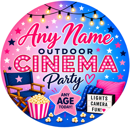 Personalised Outdoor Cinema Birthday sticker showing Any Name and Any Age