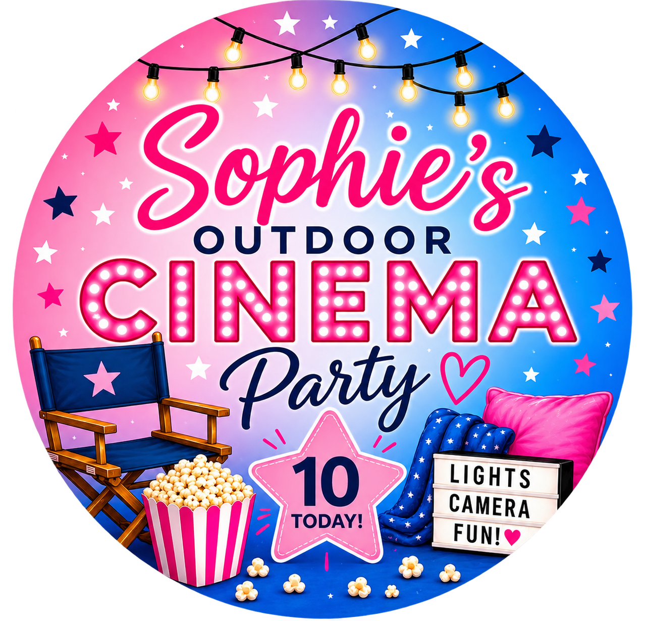 Personalised Outdoor Cinema Birthday sticker showing Sophie's and age 10