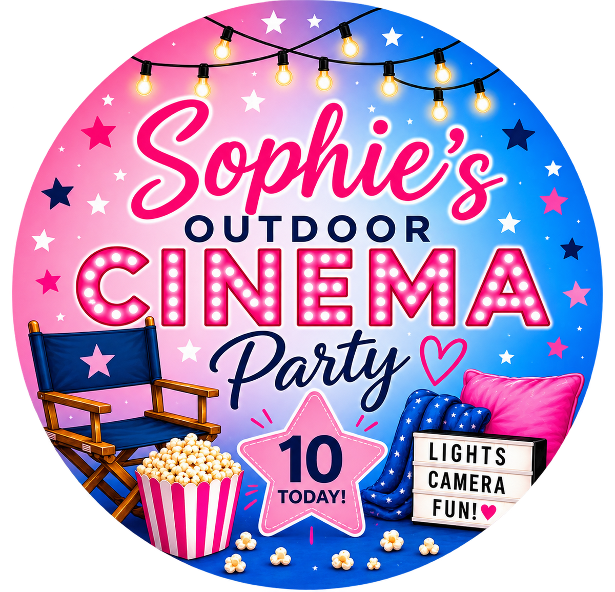 Personalised Outdoor Cinema Birthday sticker showing Sophie's and age 10