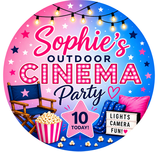 Personalised Outdoor Cinema Birthday sticker showing Sophie's and age 10