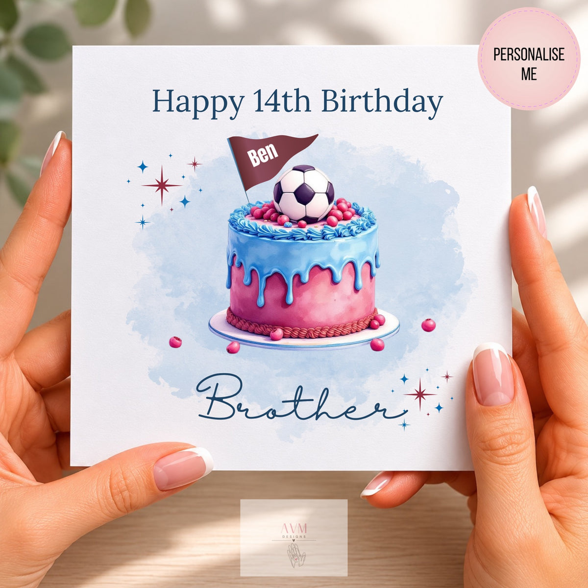Personalised 14th birthday football cake card for brother