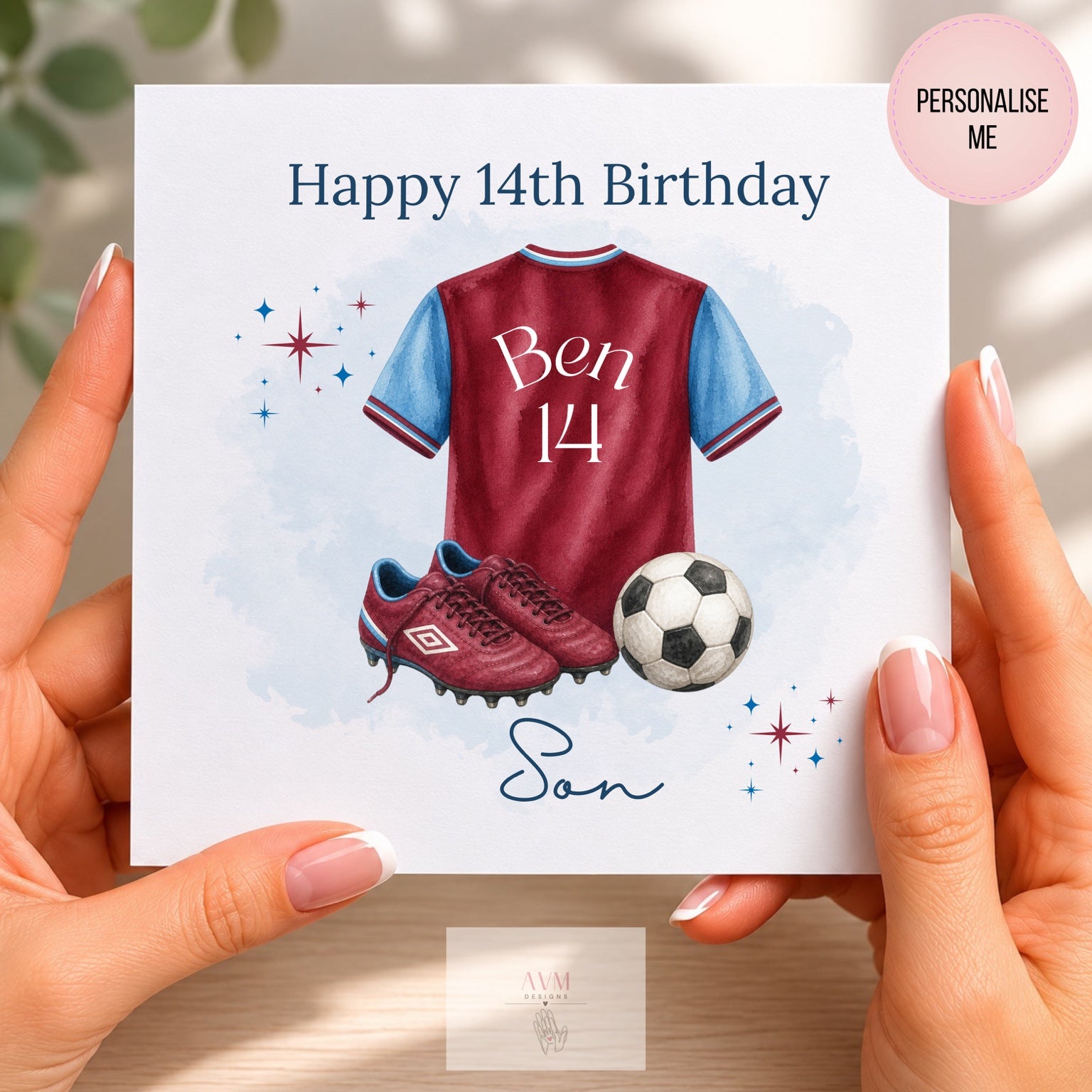 Personalised 14th birthday football birthday card with football shirt, boots and football