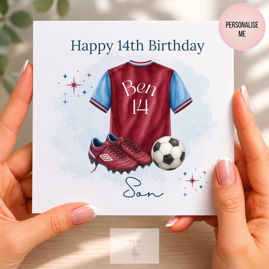 Personalised 14th birthday football birthday card with football shirt, boots and football