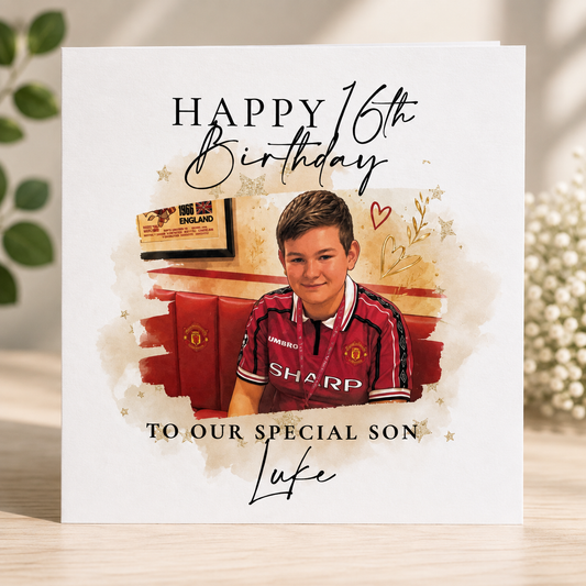 Personalised 16th birthday football photo card for son