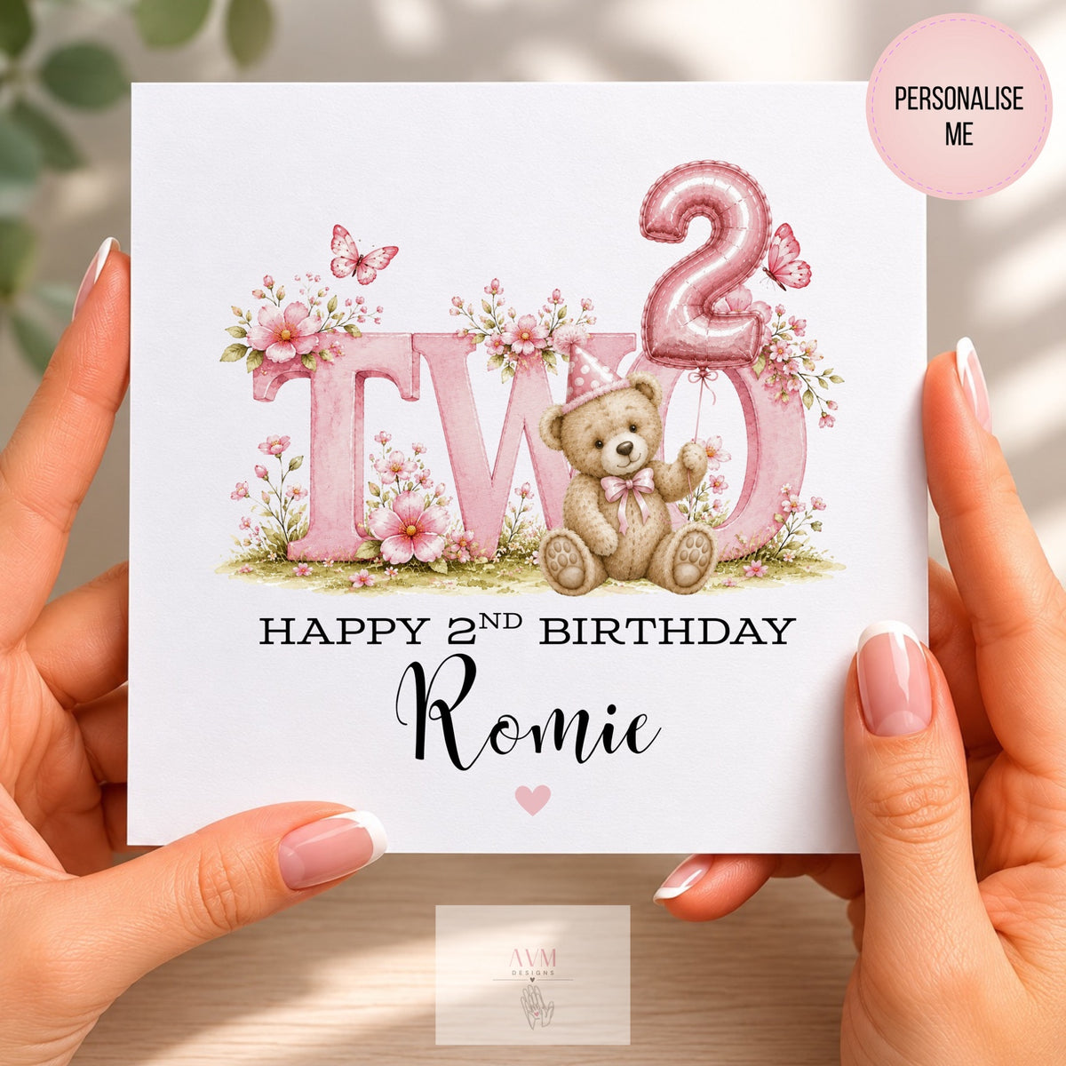 Personalised 2nd birthday card with pink teddy bear and floral design