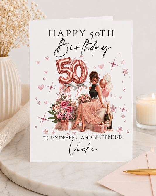 Personalised luxury A4 50th birthday card displayed in an elegant lifestyle mockup