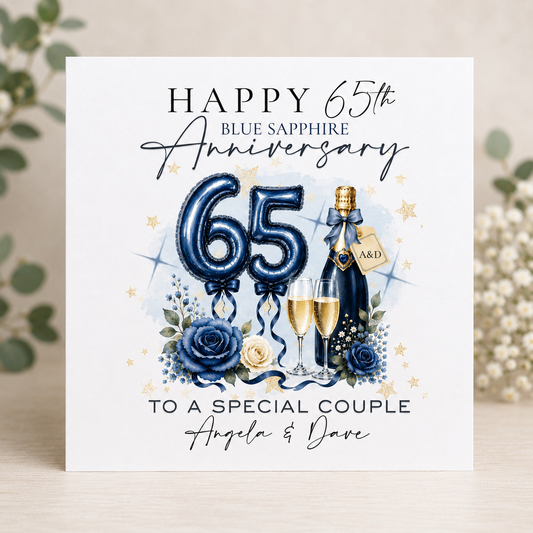 Personalised 65th wedding anniversary Blue Sapphire card with champagne, blue roses and heart balloons