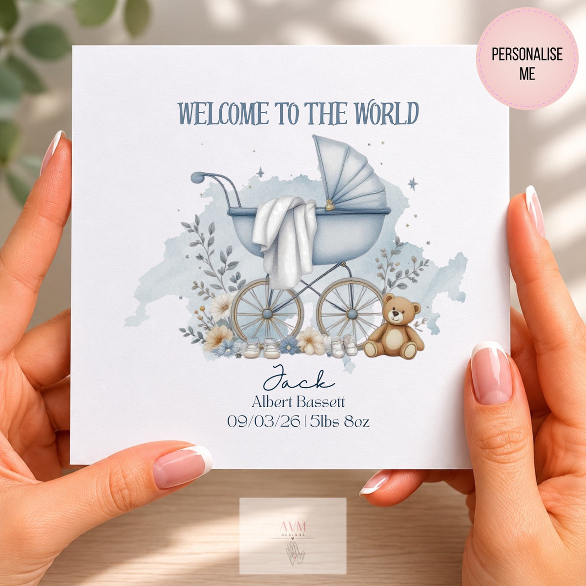 Personalised baby boy welcome to the world card with pram and teddy bear