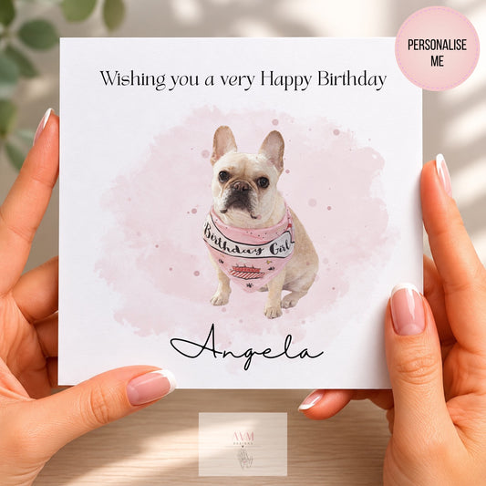 Personalised birthday card featuring a French bulldog birthday girl design