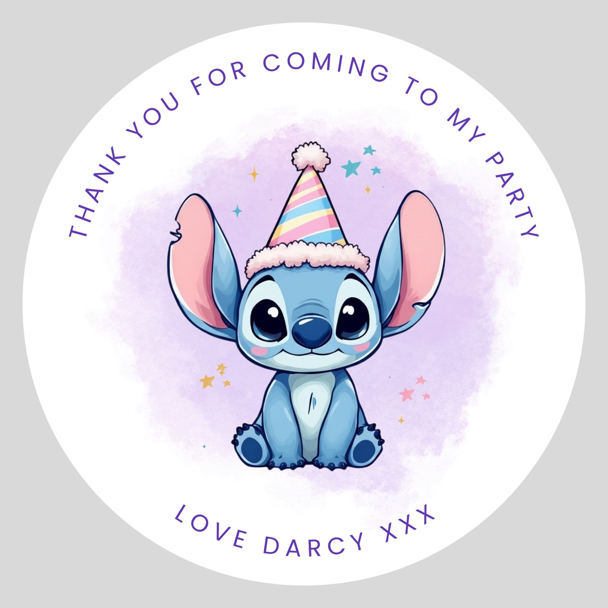 Personalised blue character thank you party stickers, round 4cm sweet bag stickers