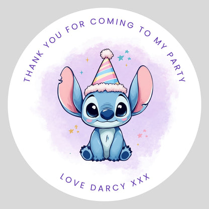Personalised blue character thank you party stickers, round 4cm sweet bag stickers