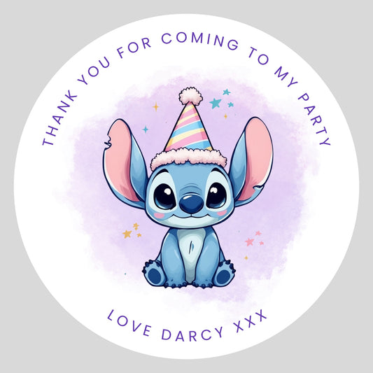 Personalised blue character thank you party stickers, round 4cm sweet bag stickers