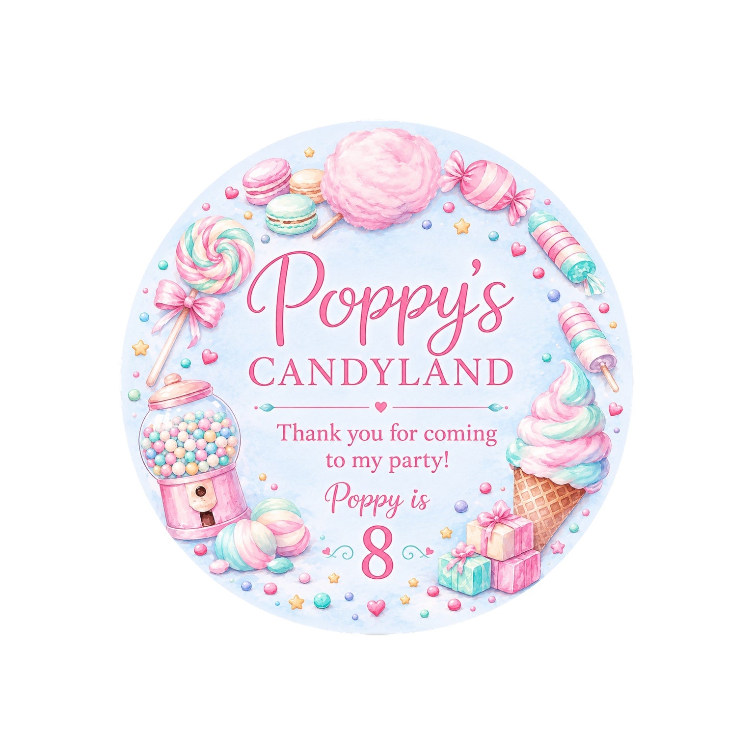 Personalised Candyland birthday sweet bag stickers – 4cm round