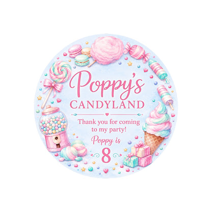 Personalised Candyland birthday sweet bag stickers – 4cm round