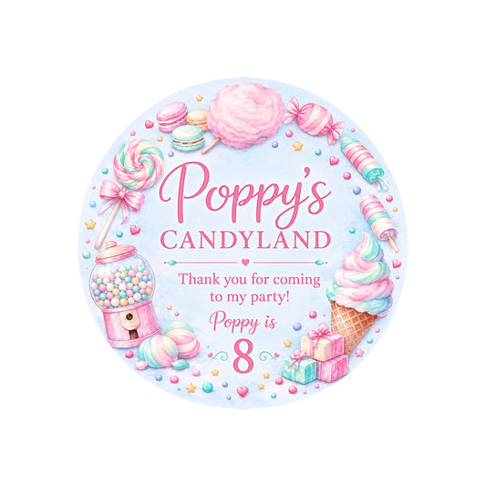 Personalised Candyland birthday sweet bag stickers – 4cm round