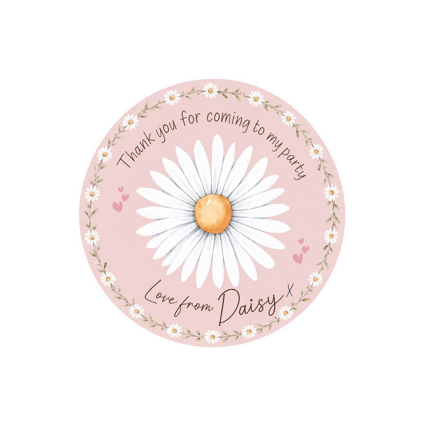 Personalised daisy thank you party stickers – 4cm round sweet bag stickers