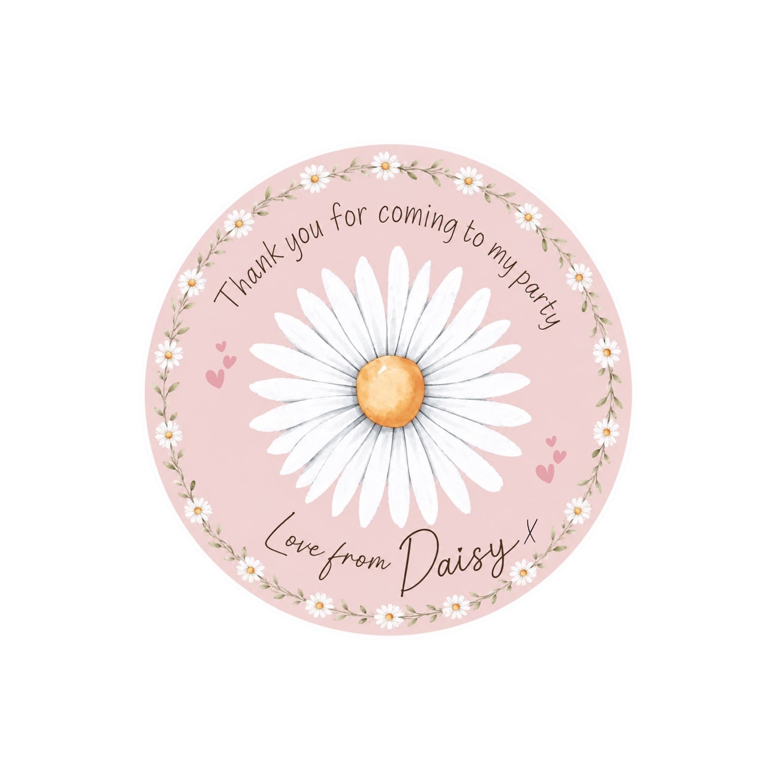 Personalised daisy thank you party stickers – 4cm round sweet bag stickers