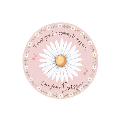 Personalised daisy thank you party stickers – 4cm round sweet bag stickers