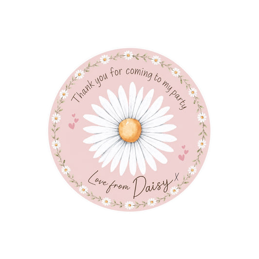 Personalised daisy thank you party stickers – 4cm round sweet bag stickers