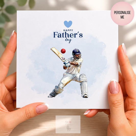 Personalised Father's Day cricket card featuring a cricket batsman for Dad