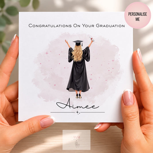 Personalised graduation card featuring female graduate in cap and gown