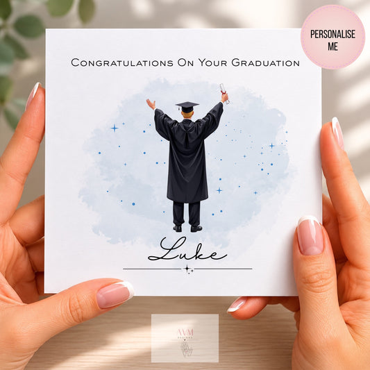 Personalised graduation card featuring graduate in cap and gown
