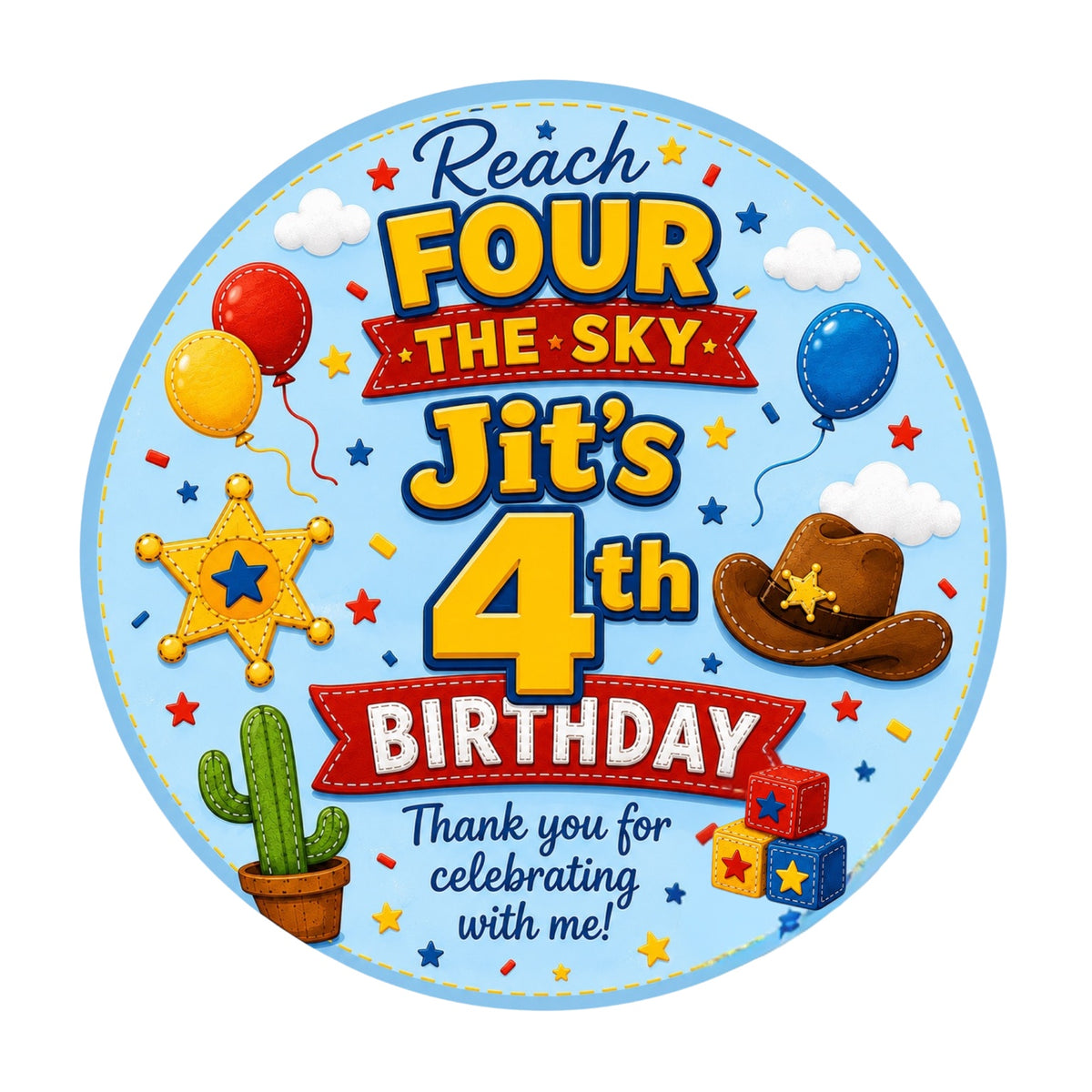 Personalised Jit's 4th birthday cowboy stickers – 4cm round