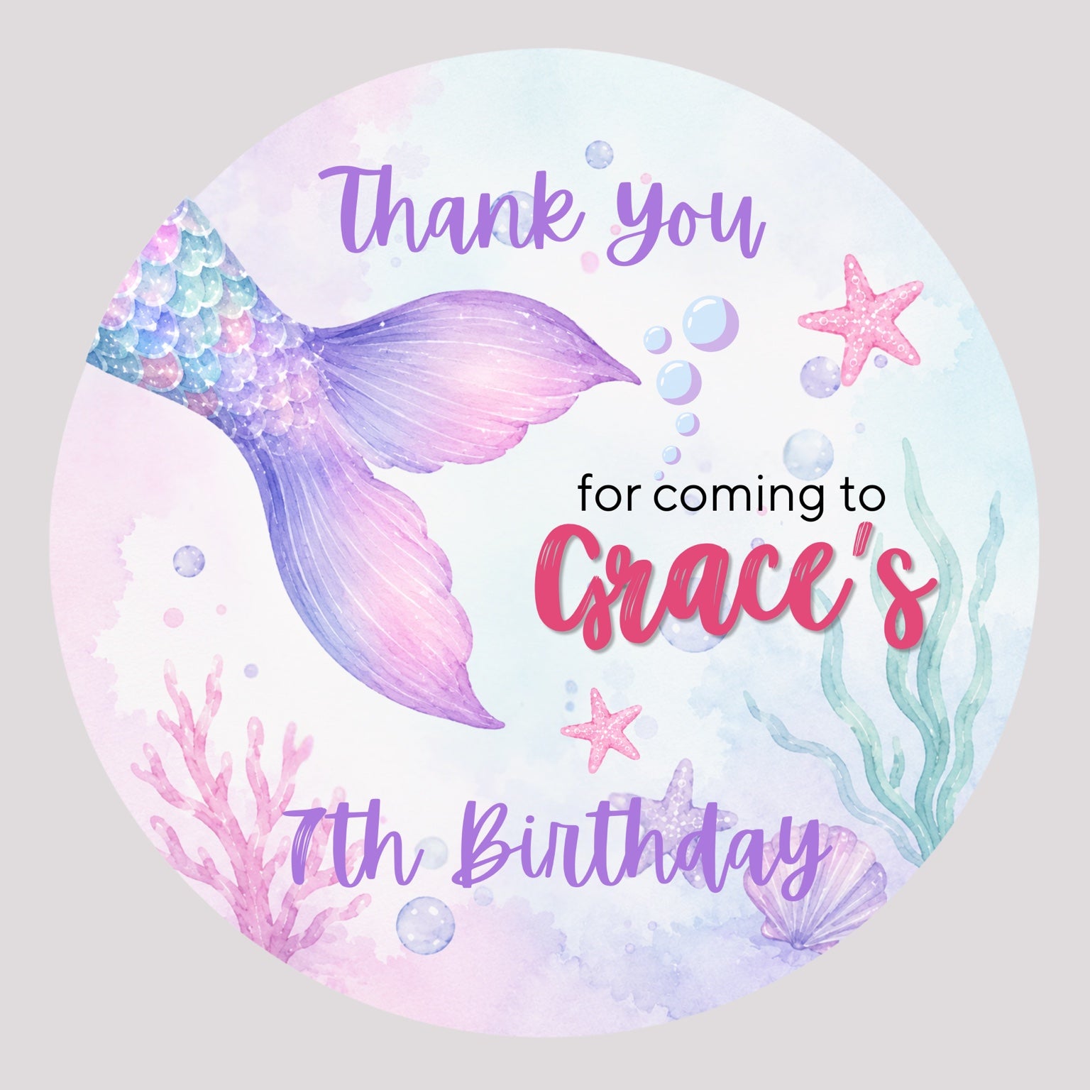 Personalised mermaid thank you birthday stickers – 4cm round