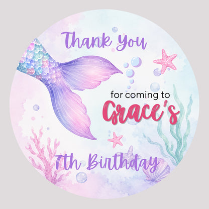 Personalised mermaid thank you birthday stickers – 4cm round