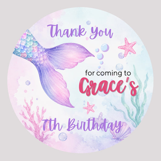 Personalised mermaid thank you birthday stickers – 4cm round