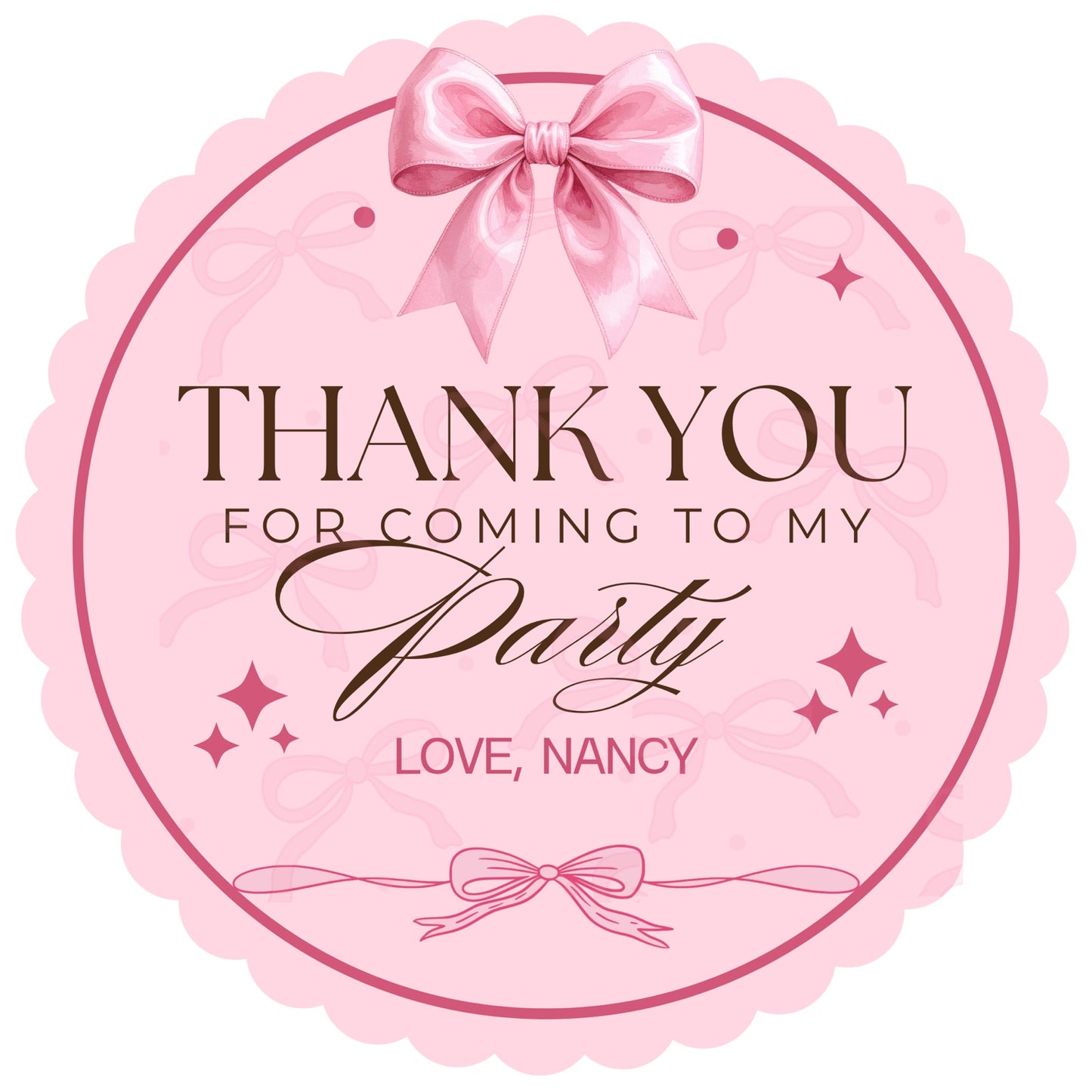 Personalised pink bow thank you party stickers, round 4cm sweet bag stickers