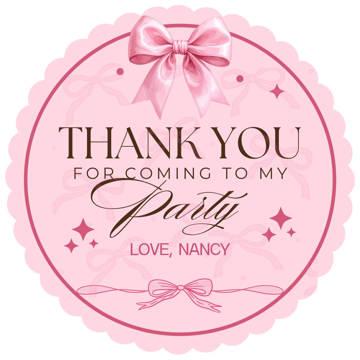 Personalised pink bow thank you party stickers, round 4cm sweet bag stickers