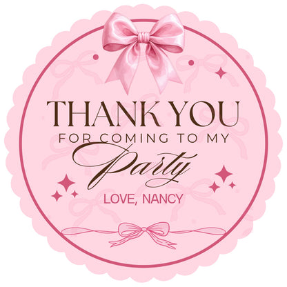 Personalised pink bow thank you party stickers, round 4cm sweet bag stickers