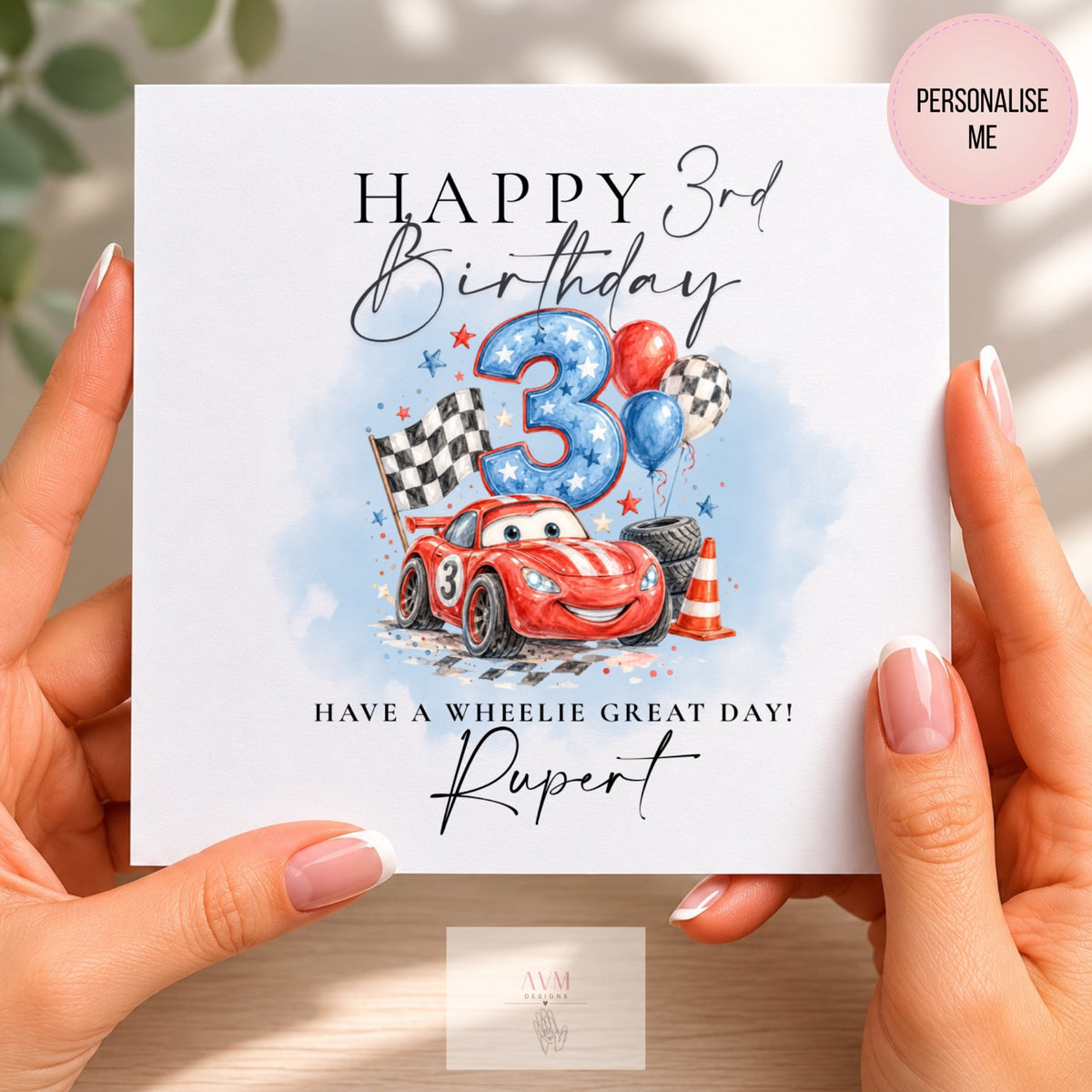 Personalised birthday card with race car, balloons and birthday number