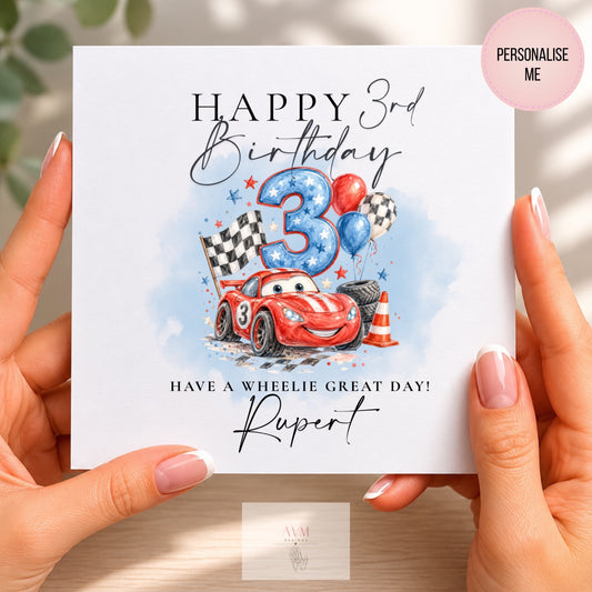 Personalised birthday card with race car, balloons and birthday number