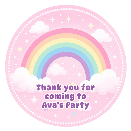 Personalised rainbow thank you party stickers – 3cm round