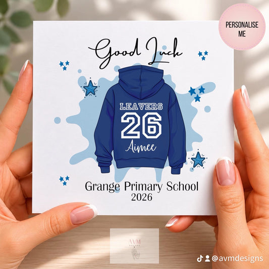 Personalised 2026 school leavers Good Luck card with hoodie design