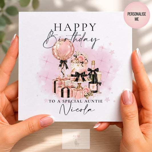 Personalised Happy Birthday To A Special Auntie card with pink birthday cake, balloons, gifts and champagne
