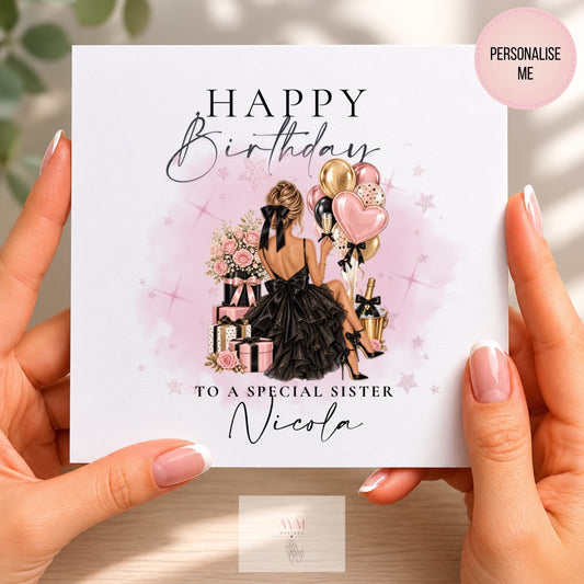 Personalised Happy Birthday To A Special Sister card with glamorous woman, balloons and gifts