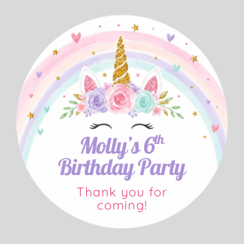 Personalised unicorn rainbow thank you party stickers – 3cm round