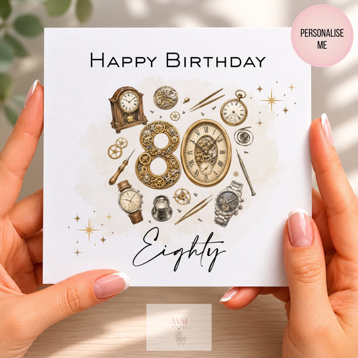 Personalised birthday card with vintage clocks and the age Eighty