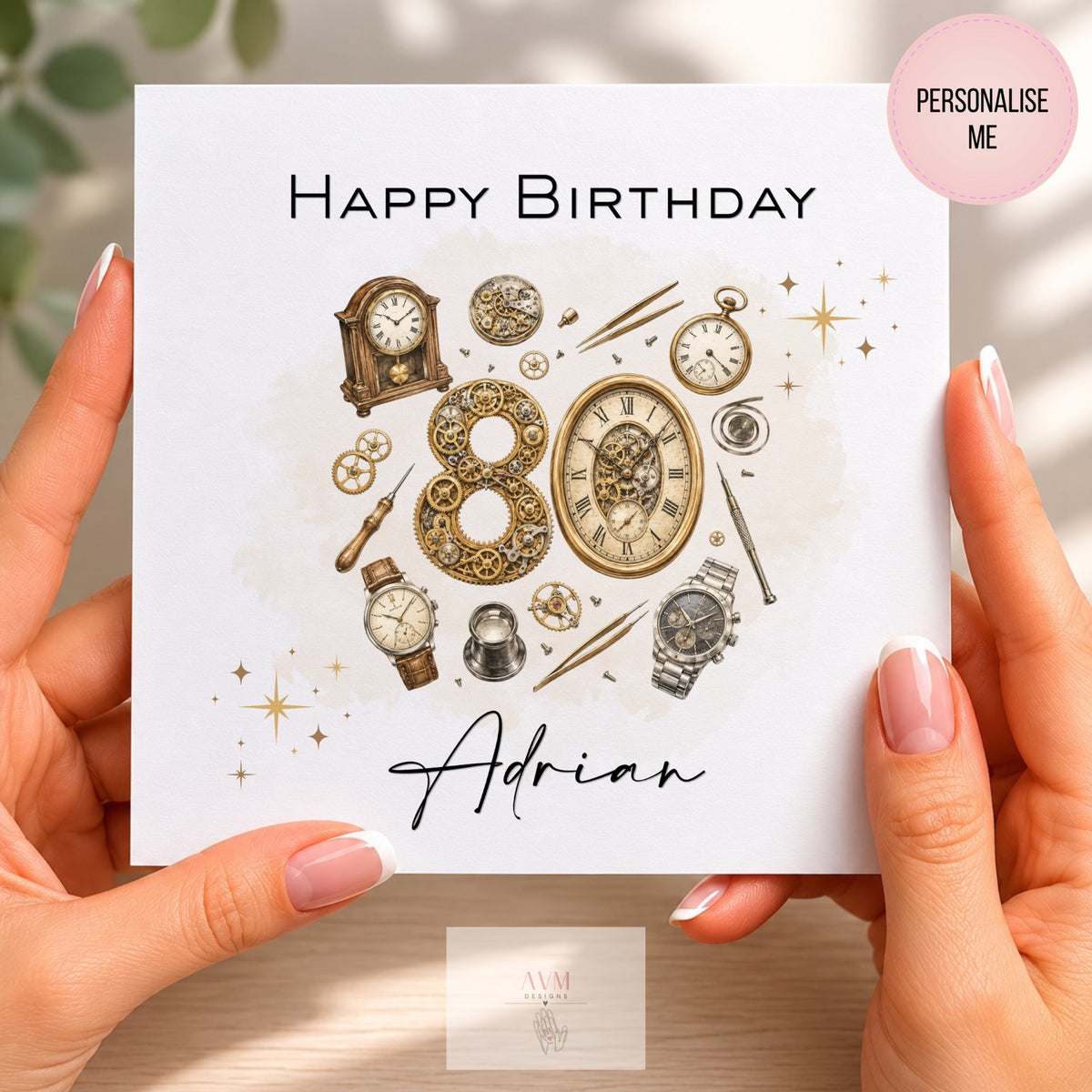 Personalised birthday card with vintage clocks and a name