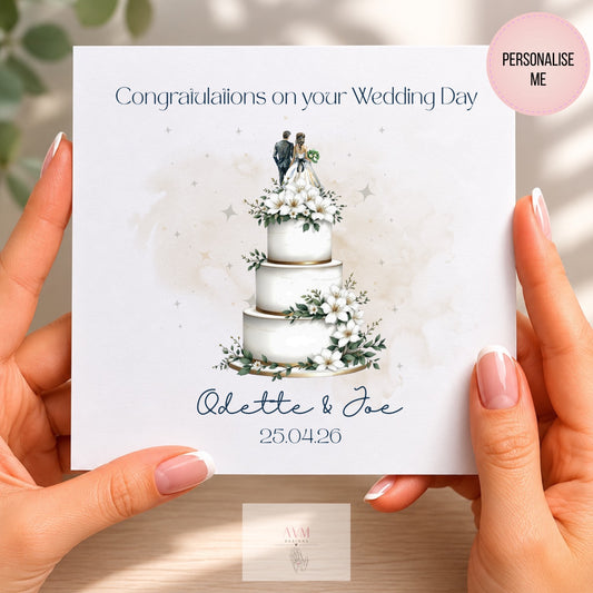 Personalised wedding day congratulations card with elegant floral wedding cake design