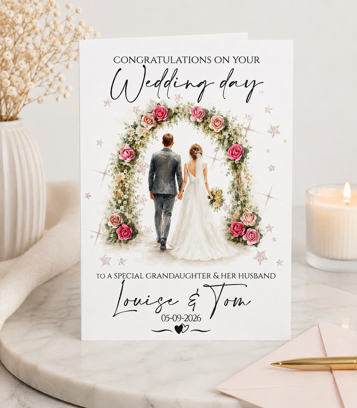 Personalised luxury A4 wedding day card displayed in an elegant lifestyle mockup
