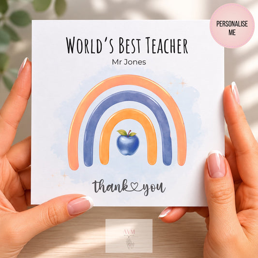 Personalised World's Best Teacher card with rainbow and apple design