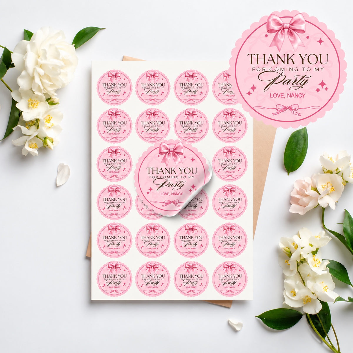 Personalised pink bow thank you stickers displayed on an A4 sheet with 20 stickers