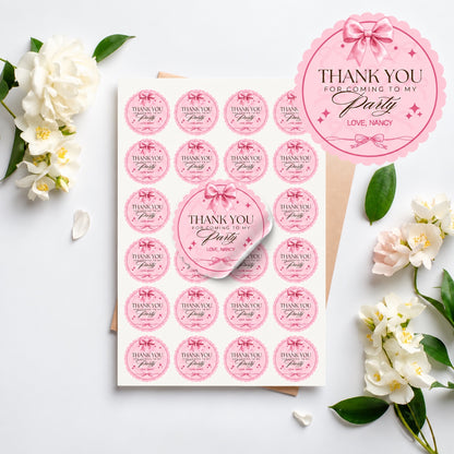 Personalised pink bow thank you stickers displayed on an A4 sheet with 20 stickers